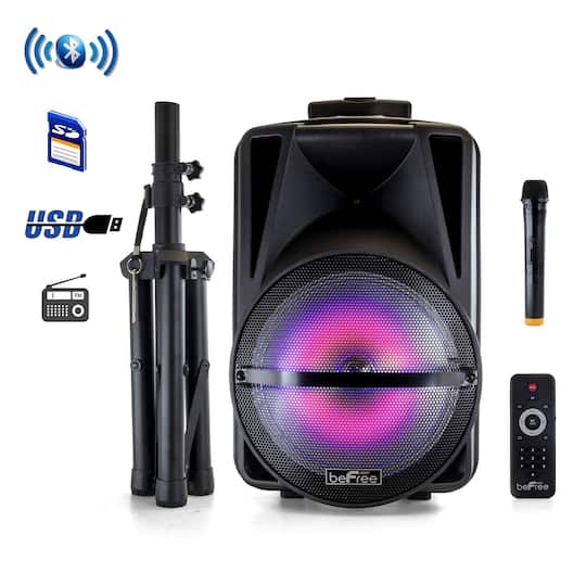 beFree Sound 12" Bluetooth Rechargeable Portable PA Party Speaker With Reactive LED Lights & Stand